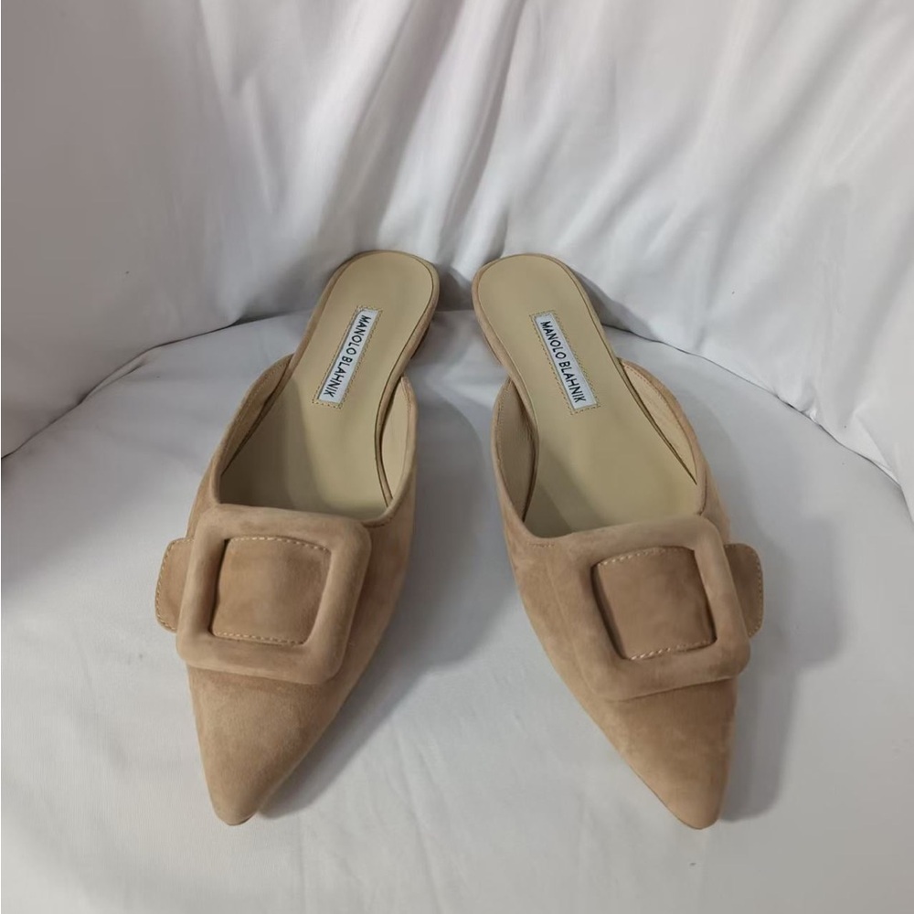 Manolo Maysale Flat Mules, suede beige, 6.5, 37